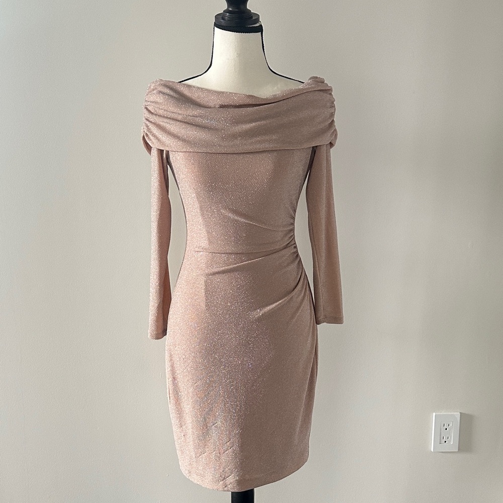 Eliza J Dusty Rose Off-Shoulder Glitter Long Sleeve Sheath Dress